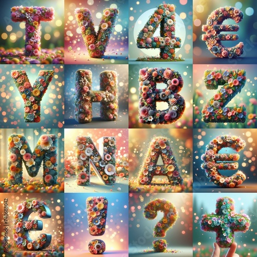 Spring flowers 3D Lettering Typeface. AI generated illustration