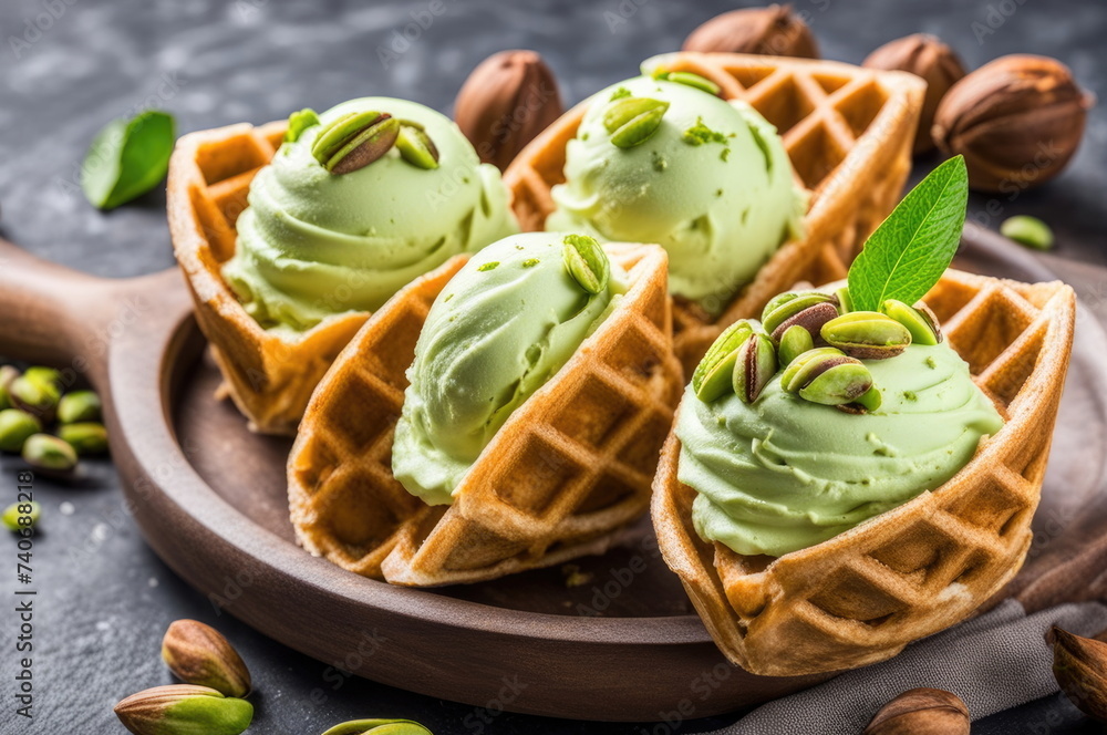 Pistachio Ice Cream Scoops with Waffles Nuts and Fresh Mint