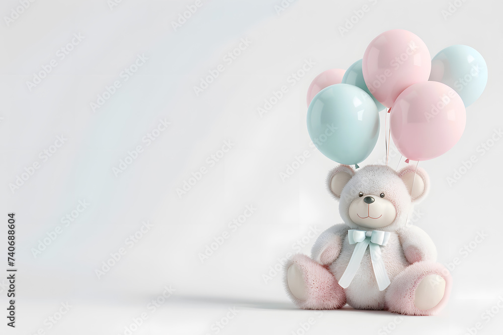 Toy Teddy bear with party balloons on light background with copy space for text Toy Teddy bear with party balloons on light background with copy space for text