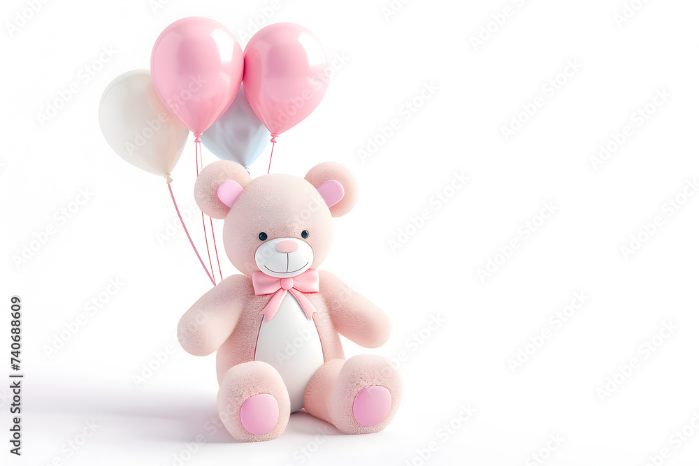 Toy Teddy bear with party balloons on light background with copy space for text Toy Teddy bear with party balloons on light background with copy space for text