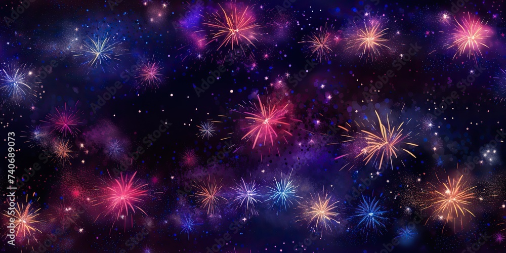 Naklejka premium Night sky fireworks celebration background. Holiday new year xmas anniversary festival glitter scene view