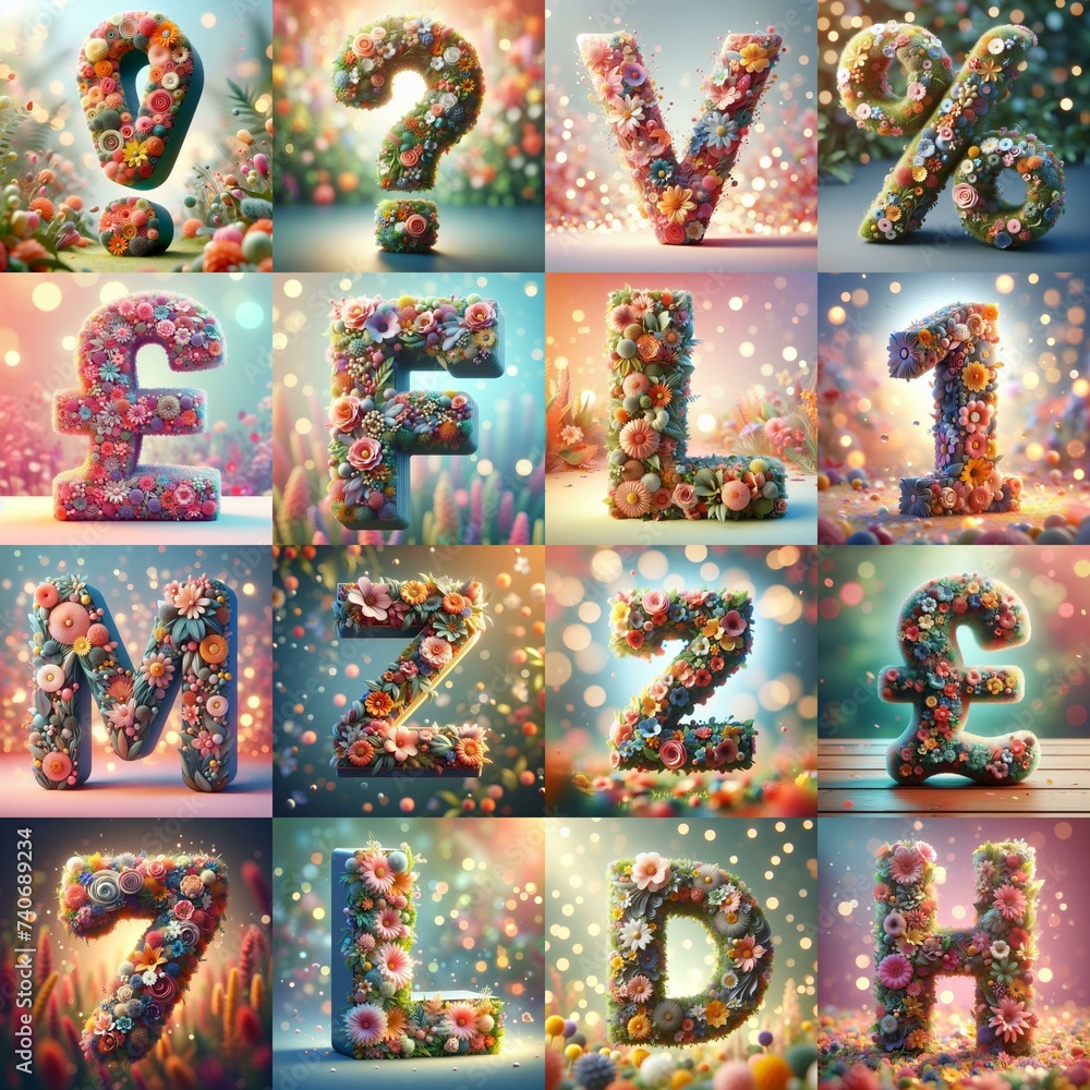 Naklejka premium Spring flowers 3D Lettering Typeface. AI generated illustration