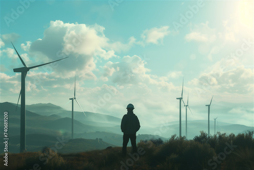 Man standing amidst wind Turbines on a wind turbine farm