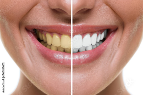 woman teeth before and after whitening. Dental clinic patient. Image symbolizes oral care dentistry, stomatology. dental transformation. Collage with photos of woman before and after teeth whitening, 