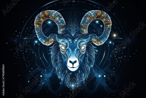 Vector illustration of aries zodiac sign glowing in blue color on a dark background photo
