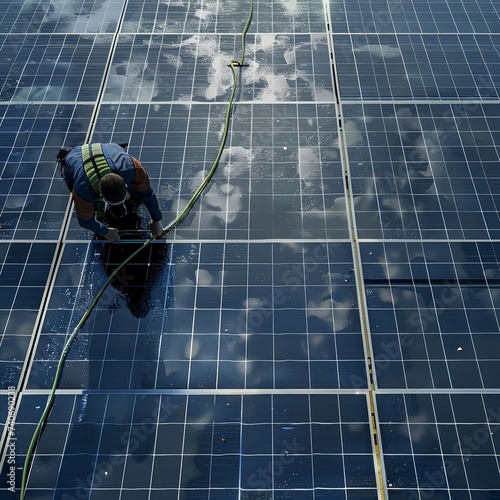 man in uniform working near solar panel., Technican using a mop and water to clean the solar panels that are dirty with dust and birds photo