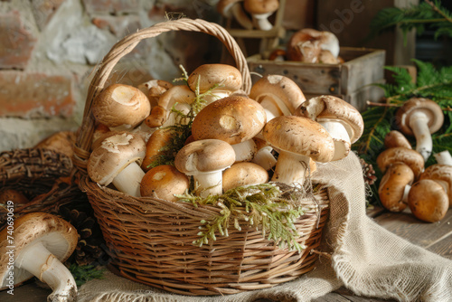 Variety of Mushrooms in a basket, closeup.