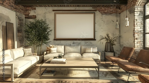 3D render of a sleek and modern poster blank frame in a contemporary farmhouse living room with a blend of rustic and industrial elements photo