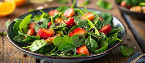 Fresh and colorful plate of spinach and strawberries on a rustic wooden table in natural light