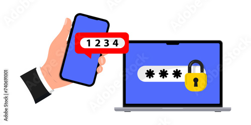 Two step authentication. 2FA authentication password. Two factor verification with mobile phone and laptop. Notice with code for secure login or sign in. Authentication. Verify permission request