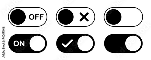 Switch buttons. On and Off toggle switch icons. Switch to Day and Night mode buttons. Slider interface button. Mobile app switch buttons, interface elements