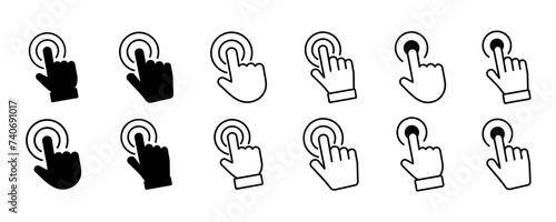 Touch screen icons. Touchscreen finger hand press or push vector icons. Set of hand touch screen. Click on the smartphone. Vector illustration