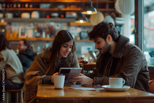 Young Couple Enjoying Coffee and Tablet in Cafe. A young man and woman share a cozy moment looking at a tablet while enjoying a warm beverage in a bustling cafe.