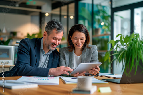 Collaborative Business Planning. Cheerful professionals engaged in a brainstorming session with digital tablet. © GustavsMD