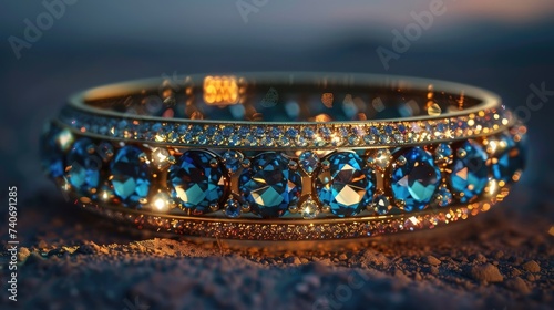 Twilight-themed bangle with topaz gemstones in blue and gold. Hyper-realistic stock image showcasing a magical transition from day to night. Intricate details and stunning clarity