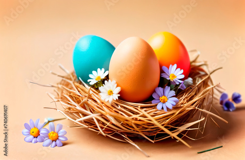 Easter theme , eggs with flowers in a festive basket made of straw