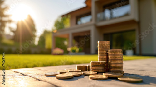 residential backdrop with stacks of coins in the foreground, symbolizing real estate investment and financial growth, bathed in the warm glow of sunrise