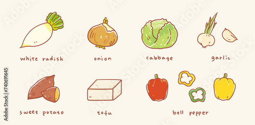 Vectors cute illustration flashcard style cooking set with Healthy vegetables.