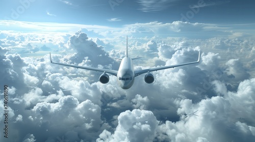 Commercial jet flying over clouds, plane in blue sky, Passenger civil airplane jet, View directly in front