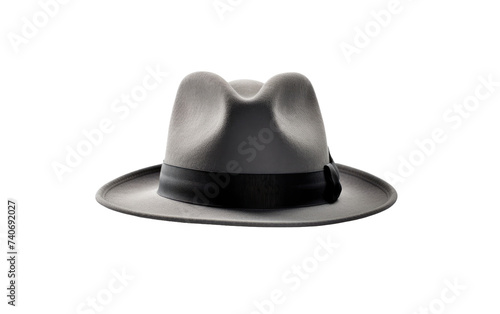 A photo showcasing a gray hat with a black ribbon elegantly wrapped around the brim. on White or PNG Transparent Background.