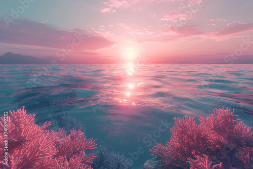 Soft coral glow enveloping the horizon in tranquil warmth.  photo
