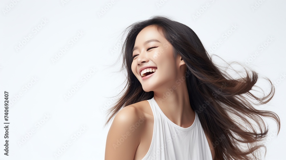 Radiant Asian woman with gorgeous hair, exuding elegance and charm on a pristine white background Radiant Asian woman with gorgeous hair, exuding elegance and charm on a pristine white background