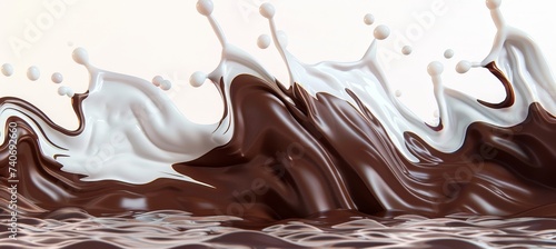 Swirling flow of chocolate and white milk mix creating a splash, isolated on white background