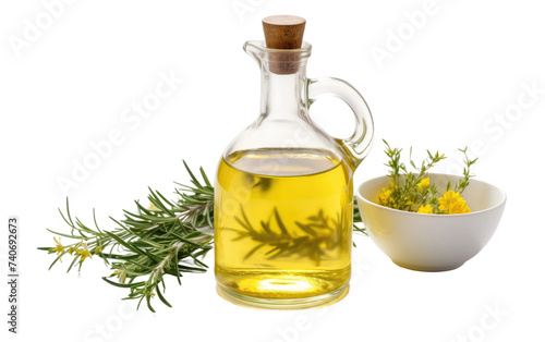 A bottle of olive oil is placed beside a bowl filled with olive oil. on White or PNG Transparent Background.