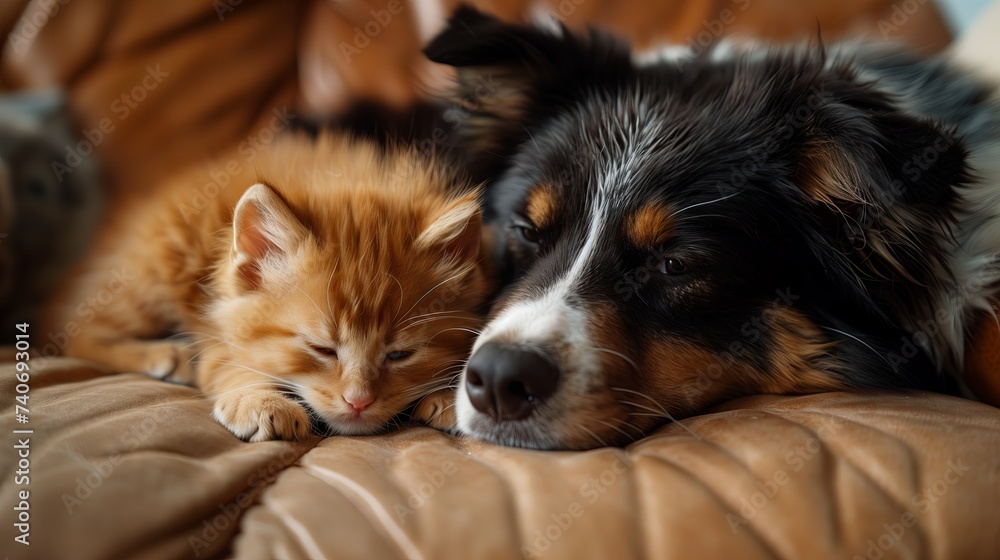 Obraz premium Kitten and dog on lawn, cat and dog sleeping together.
