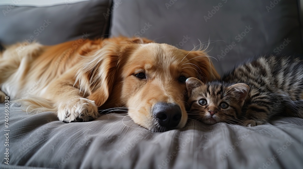 Kitten and dog on sofa, bed. cat and dog sleeping together.