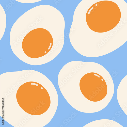 yummy fried eggs breakfast in baby soft blue background wallpaper seamless pattern 