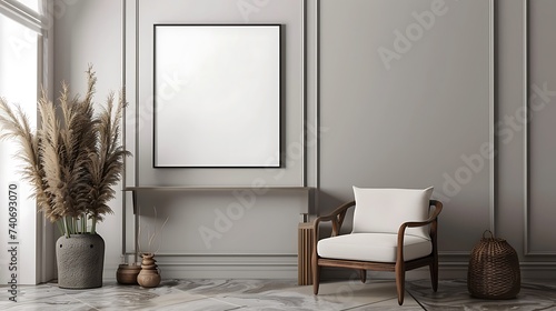 3D render of a sleek and modern poster blank frame in a transitional living room with a blend of contemporary and traditional elements