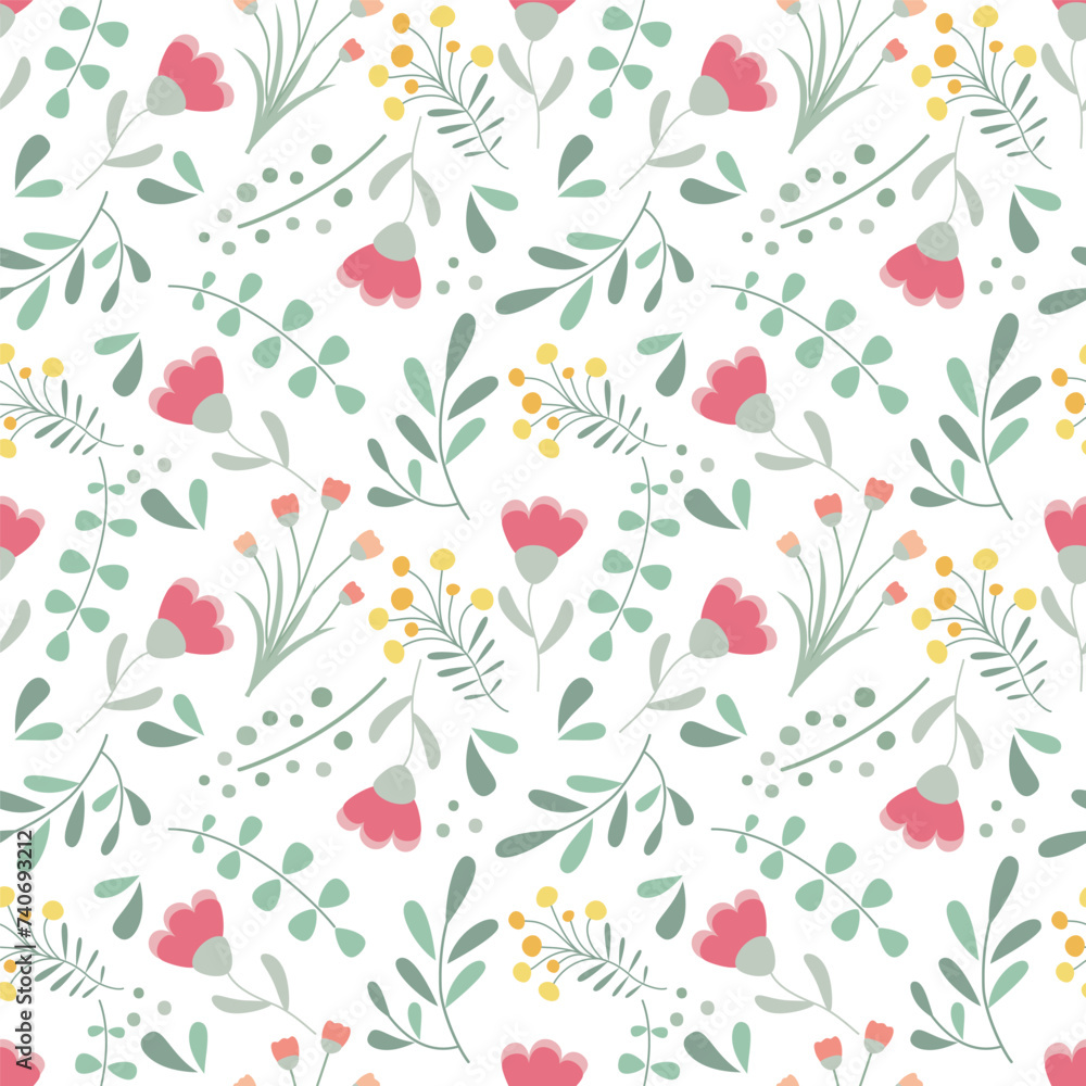 Floral seamless pattern in flat design. Cute vector illustration with flowers and leaves.