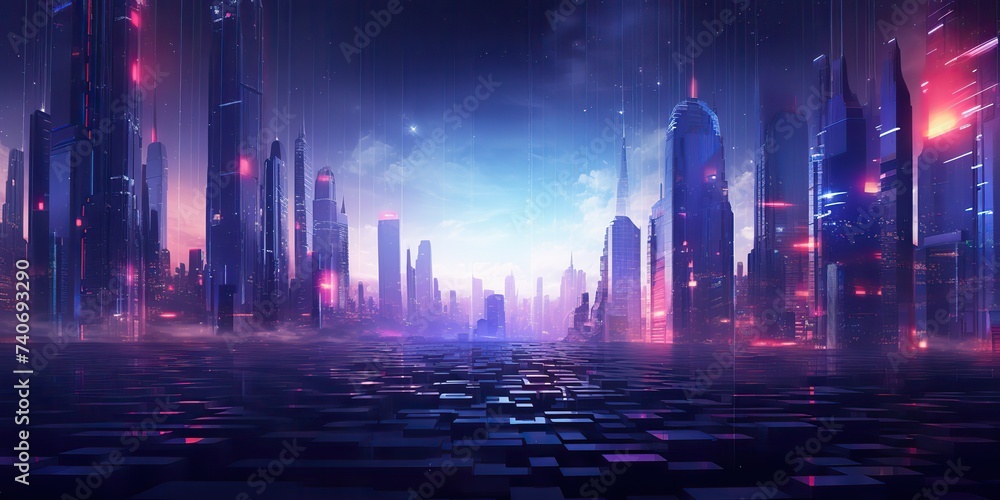 Obraz premium Synthwave retrowave cyberpunk city town cityscape landscape background decoration. Future towb high buildings scene view