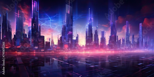 Synthwave retrowave cyberpunk city town cityscape landscape background decoration. Future towb high buildings scene view © Graphic Warrior