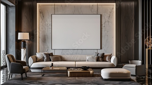 3D render of a sleek and modern poster blank frame in a sophisticated living room with luxurious furnishings and a neutral color palette