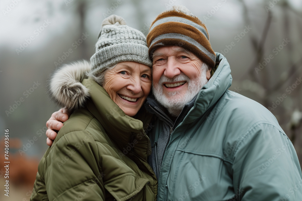 elderly couple happy smiling, hugging man and woman, in outerwear and hats, on background of autumn leaves