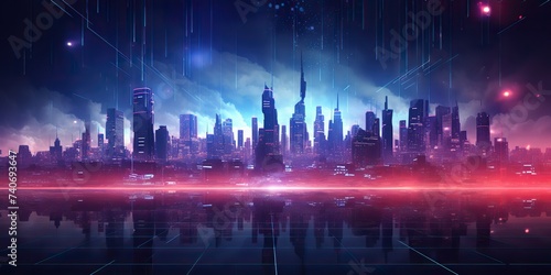 Synthwave retrowave cyberpunk city town cityscape landscape background decoration. Future towb high buildings scene view
