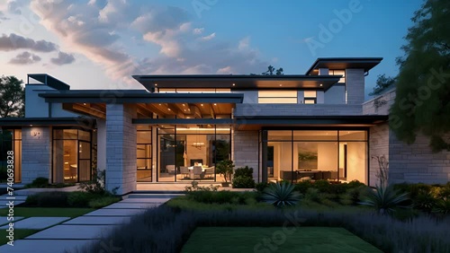 As the sun sets this homes exterior comes to life with translucent panels glowing softly and creating a warm inviting ambiance.