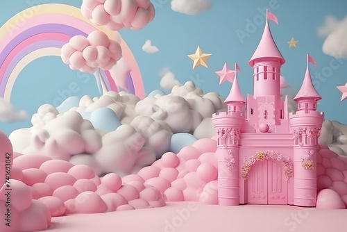 3d dreamscape with clouds and fairytale elements pink Theme Décor Pink Wall Setup Ai Generated
 