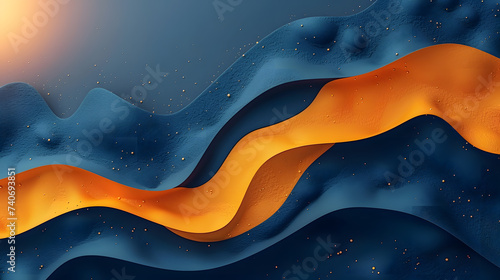 Abstract Waves Art: A Blend of Orange and Blue Hues, Sparkling Particles Illuminate the Flowing Curves, Perfect for Modern Decor and Digital Designs