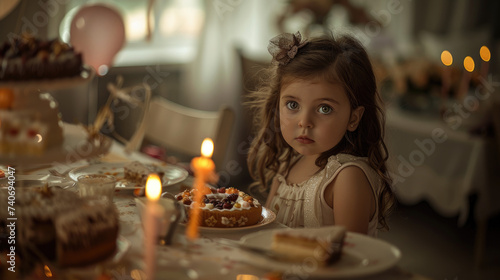 little girl smiling at birthday cake and party supplies