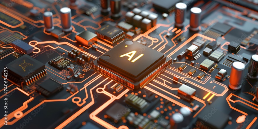 Artificial intelligence micro chip, Generative AI illustration Artificial intelligence micro chip, Generative AI illustration