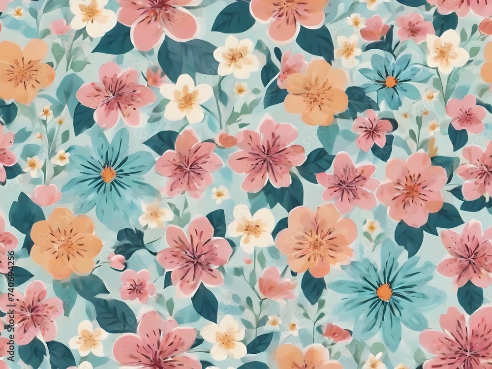 Fototapeta premium Colorful flowers and branches Illustration. Seamless pattern background. 