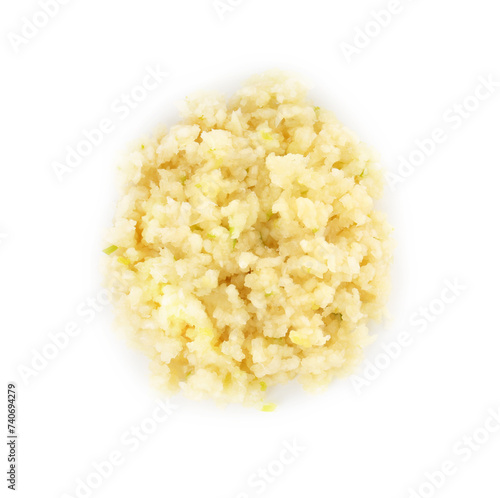 Pile of chopped garlic isolated on white, top view