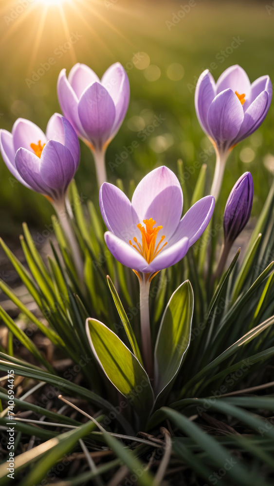 Springtime closeup shot of crocus flowers growing on a sunlit meadow Springtime closeup shot of crocus flowers growing on a sunlit meadow