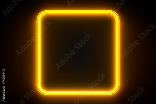 neon yellow square frame with rounded edges dimly glowing with light on dark background, copy space