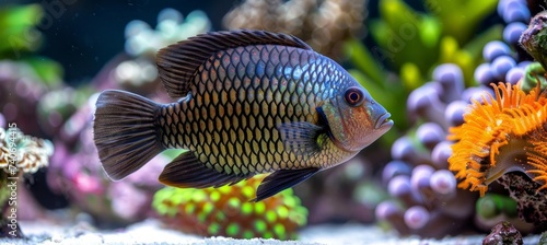 Dottyback fish among colorful corals in saltwater aquarium creates a vibrant underwater display. photo