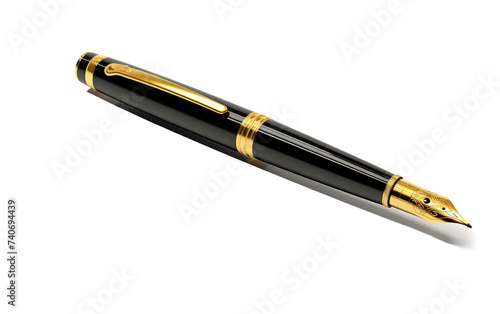A black and gold fountain pen lays showcasing its elegant design and craftsmanship. on White or PNG Transparent Background.
