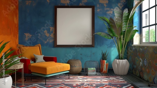 3D render of a sleek and modern poster blank frame in an eclectic living room with mismatched furniture and vibrant patterns photo